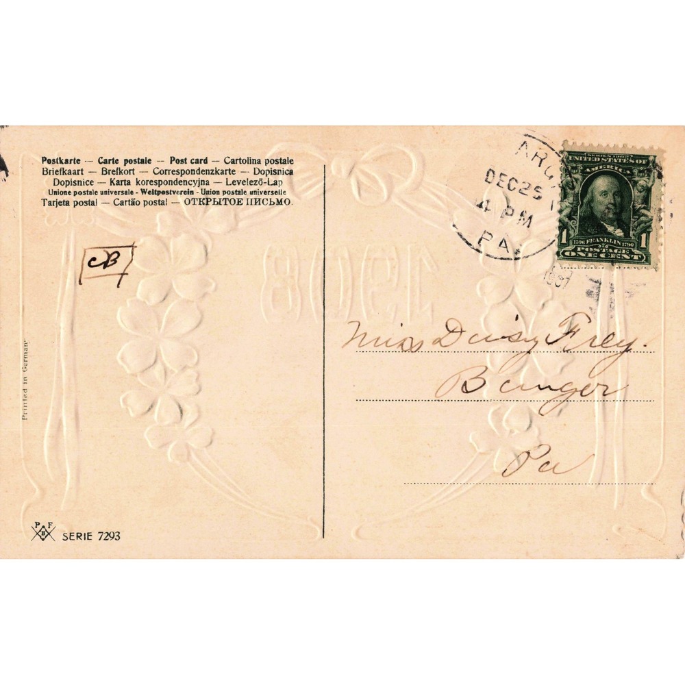 New Year Postcard 1908 PFB Four Leaf Clover Wreath Embossed Germany Divided Back - Picture 2 of 2